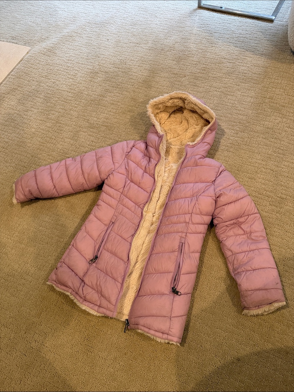 Steve Madden Girls' Lavender Faux-Fur Lined Puffer Coat Reversible